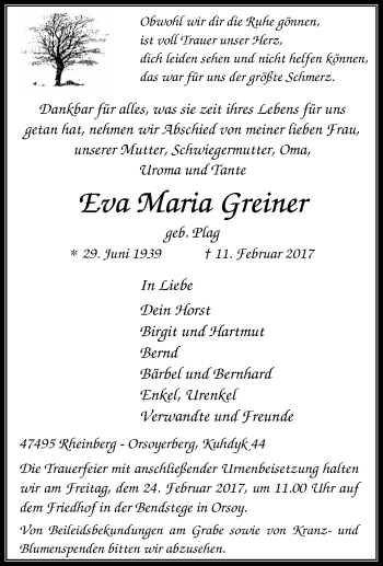 Traueranzeige von Eva Maria Greiner von Tageszeitung