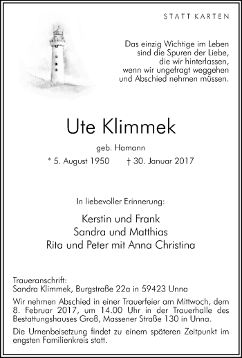 Traueranzeige von Ute Klimmek von Tageszeitung