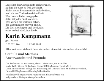 Traueranzeige von Karin Kampmann von Tageszeitung