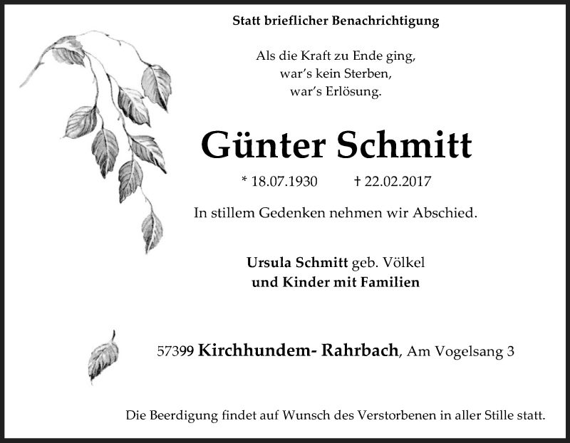  Traueranzeige für Günter Schmitt vom 27.02.2017 aus Tageszeitung