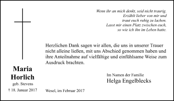 Traueranzeige von Maria Horlich von Tageszeitung