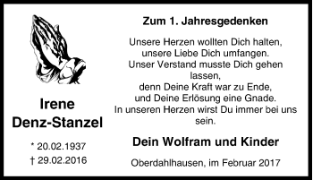 Traueranzeige von Irene Denz-Stanzel von Tageszeitung