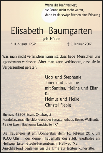 Traueranzeige von Elisaneth Baumgarten von Tageszeitung