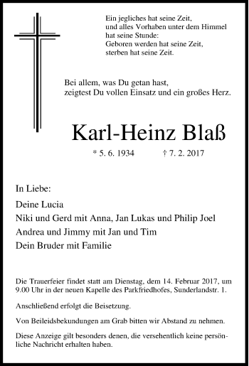 Traueranzeige von Karl-Heinz Blaß von Tageszeitung