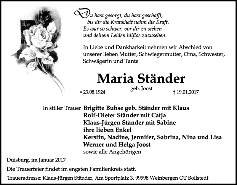  Traueranzeige für Maria Ständer vom 01.02.2017 aus Tageszeitung
