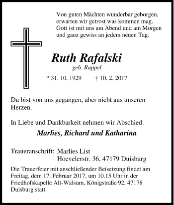 Traueranzeige von Ruth Rafalski von Tageszeitung