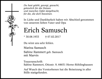 Traueranzeige von Erich Samusch von Tageszeitung