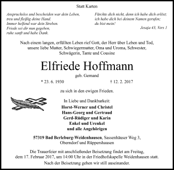 Traueranzeige von Elfriede Hoffmann von Tageszeitung