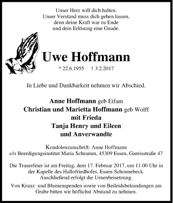 Traueranzeige von Uwe Hoffmann von Tageszeitung