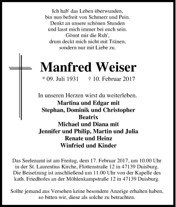 Traueranzeige von Manfred Weiser von Tageszeitung
