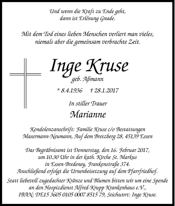 Traueranzeige von Inge Krose von Tageszeitung