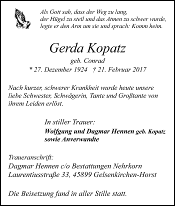 Traueranzeige von Gerda Kopatz von Tageszeitung