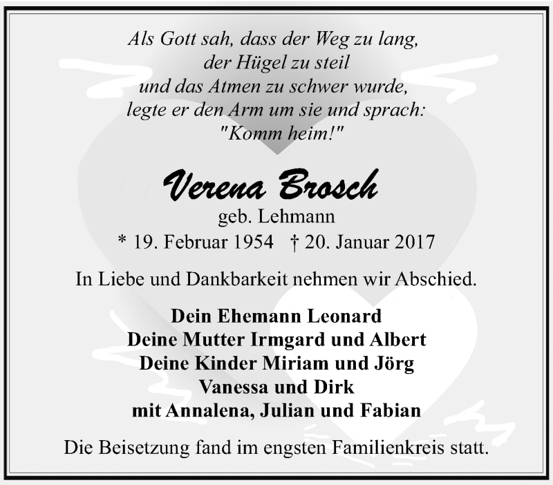  Traueranzeige für Verena Brosch vom 03.02.2017 aus Tageszeitung