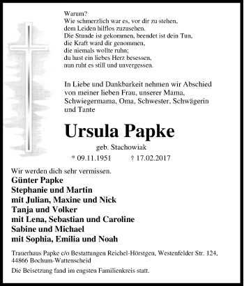 Traueranzeige von Ursula Papke von Tageszeitung