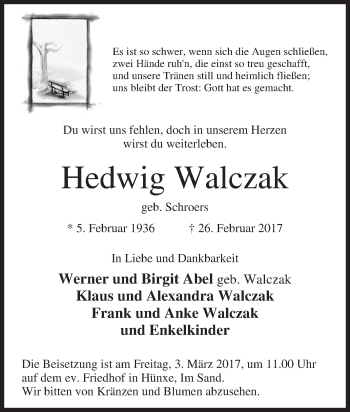 Traueranzeige von Hedwig Walczak von Tageszeitung