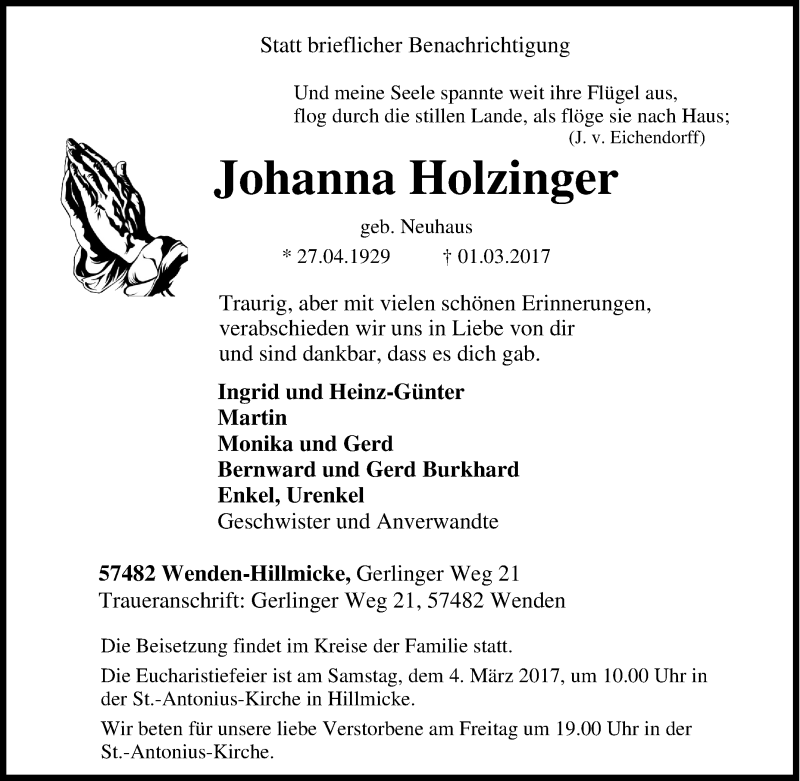  Traueranzeige für Johanna Holzfinger vom 02.03.2017 aus Tageszeitung