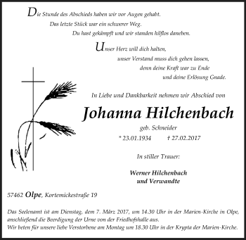 Traueranzeige von Johanna Hilchenbach von Tageszeitung